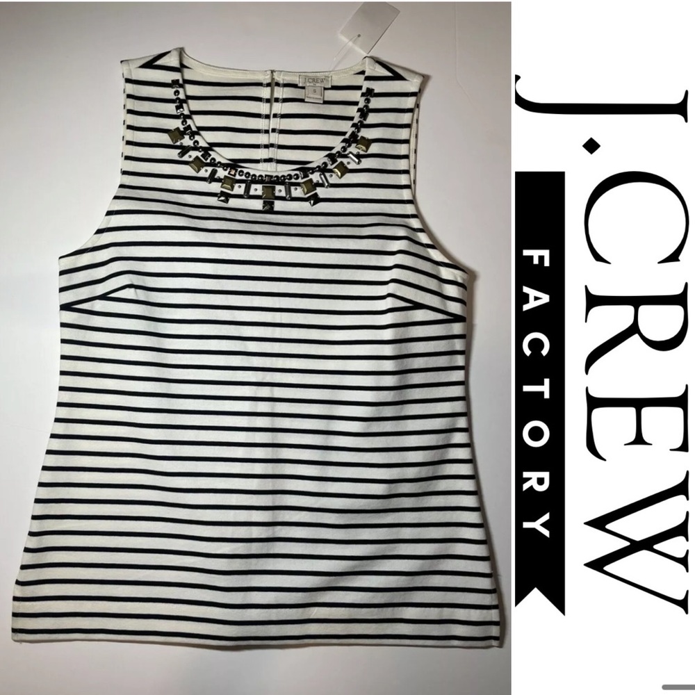 NWT J Crew Factory Women’s Sz S Shell Top W/ Rhinestone At Neck Blue White B8283